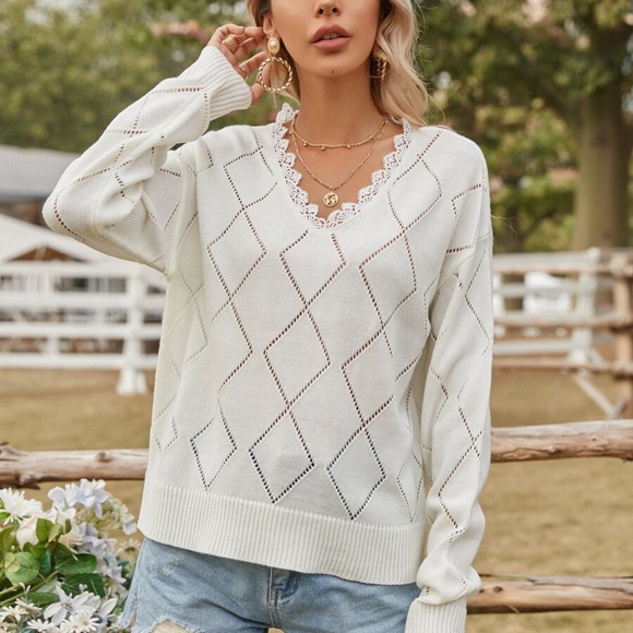 off white v neck lace detail knit sweater fall - Picture 2 of 4